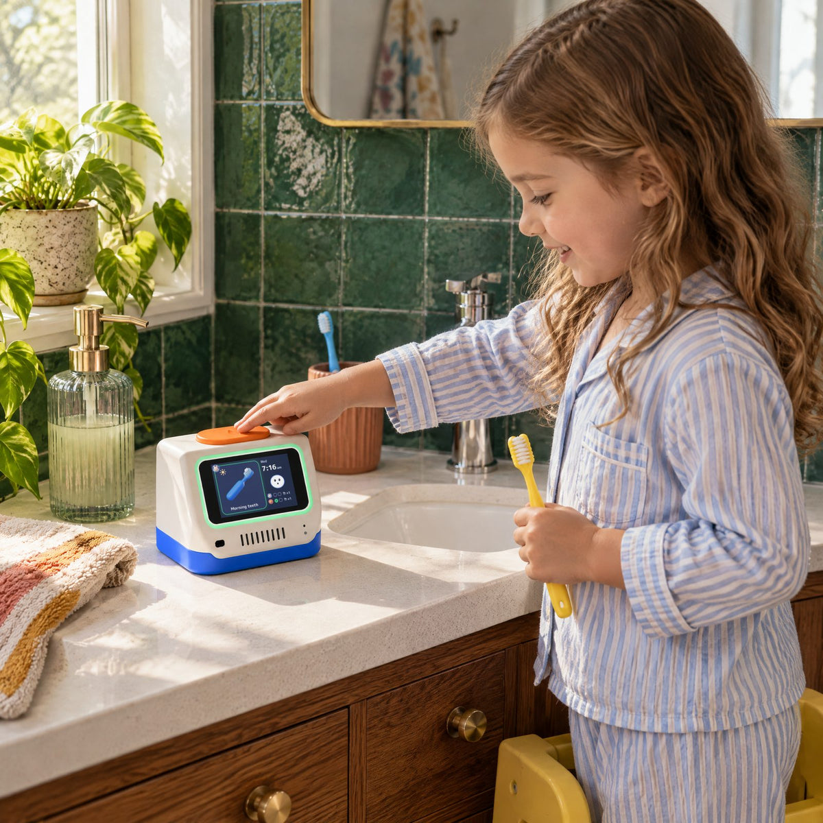 A girl in striped pajamas presses the orange Go button beside the bathroom sink