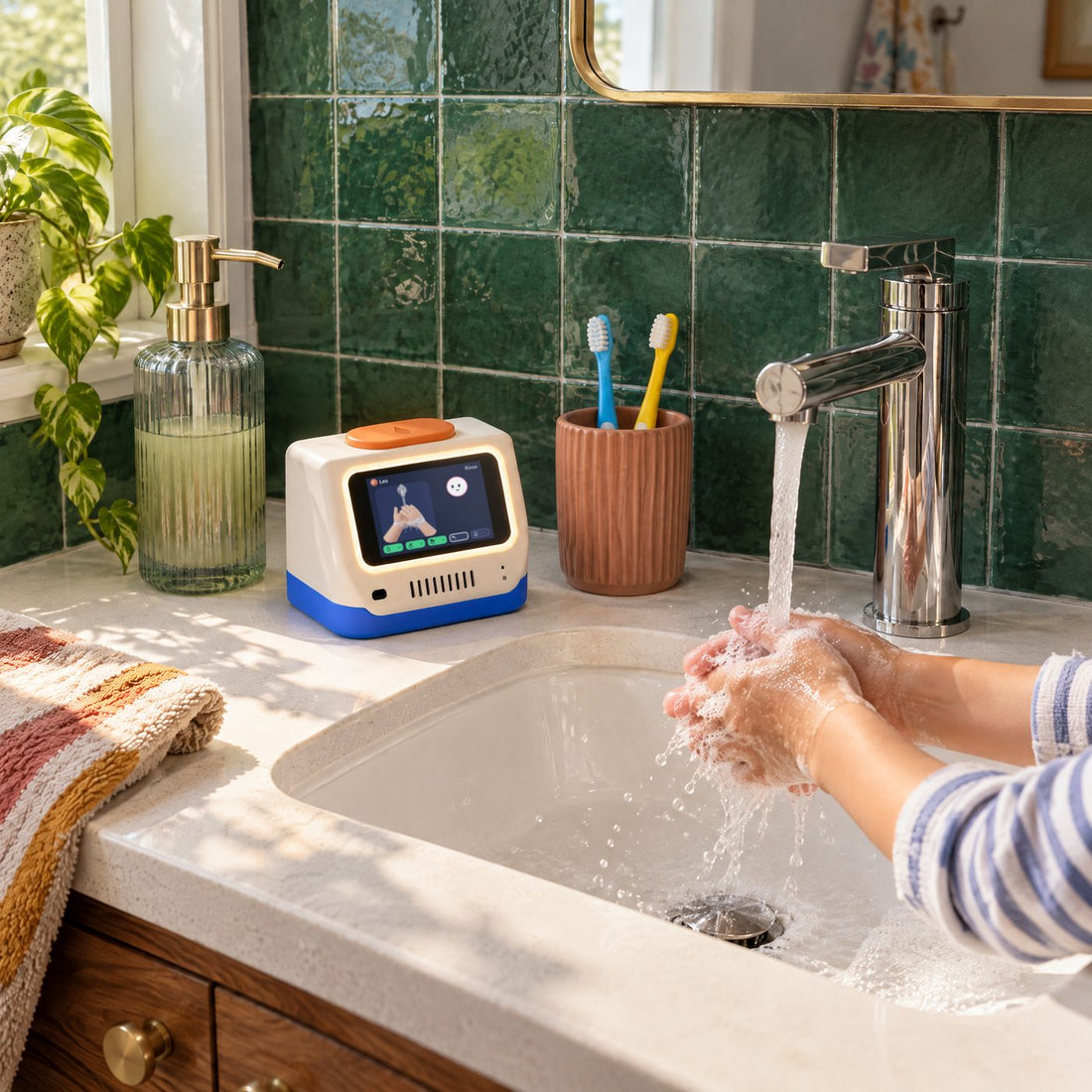 A child rinses soapy hands while Klaar shows the rinse step