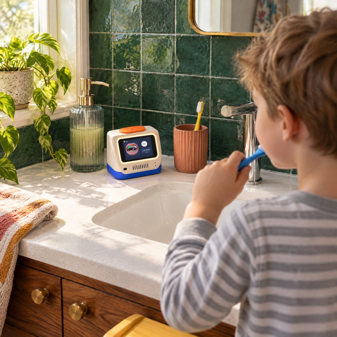 A boy brushes at the sink while Klaar coaches him