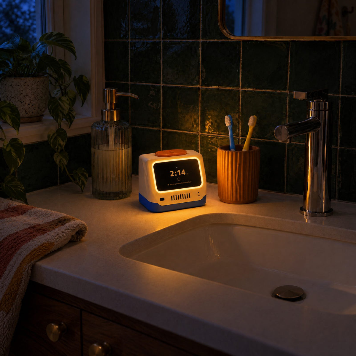 At night the light dims to a soft amber glow by the sink