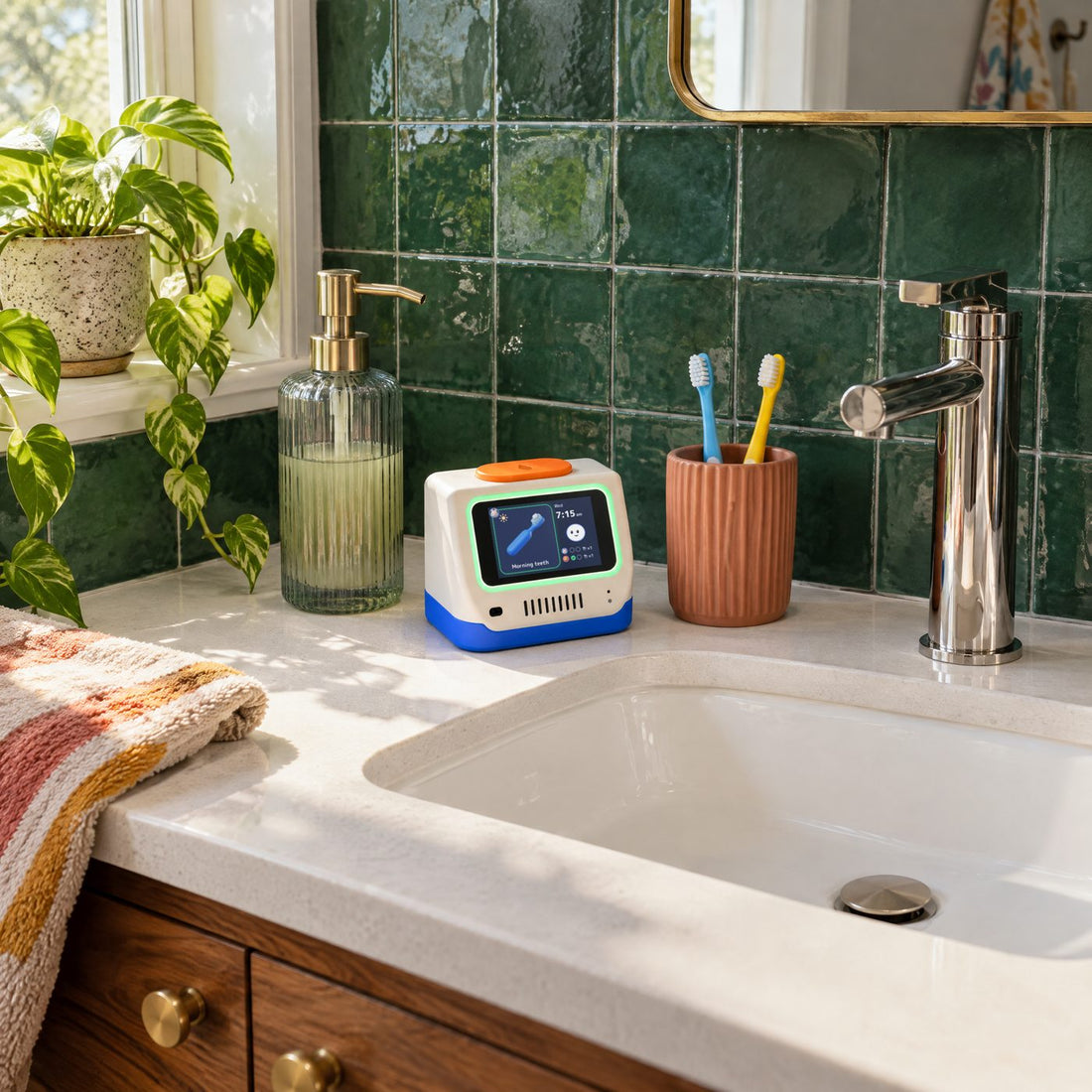 Klaar on a bathroom counter next to the toothbrush cup