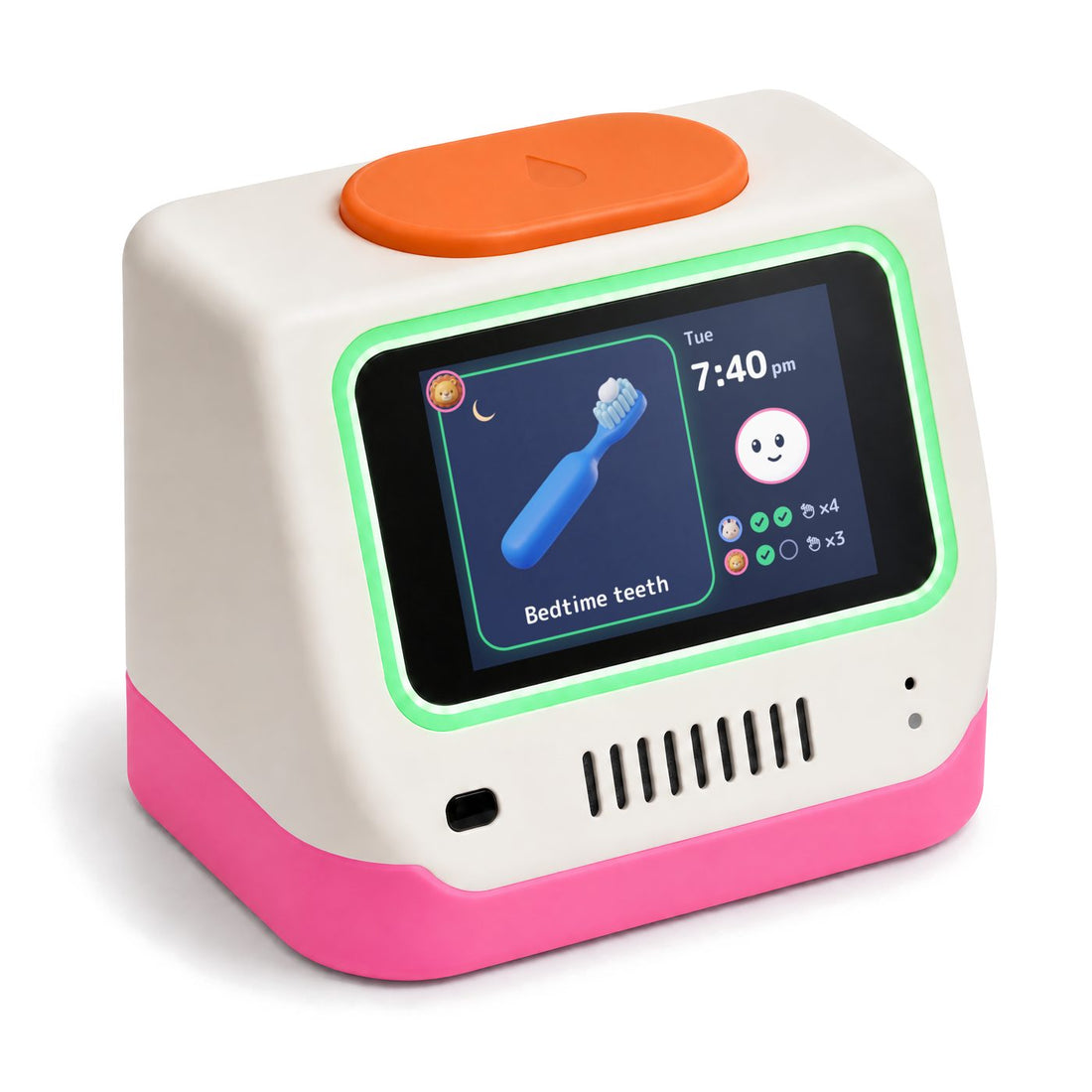 Klaar in Bubblegum, seen from the front corner, with the green light on